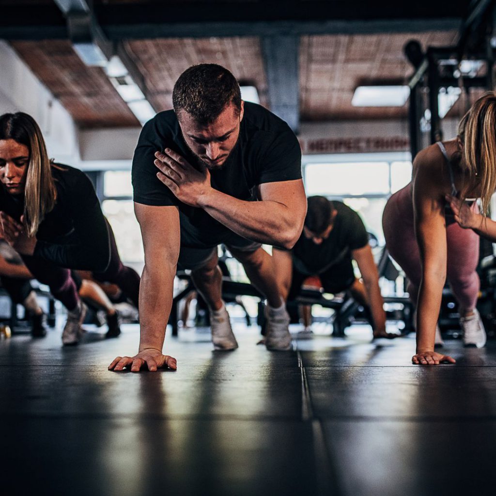 People in a fitness class for strength training.